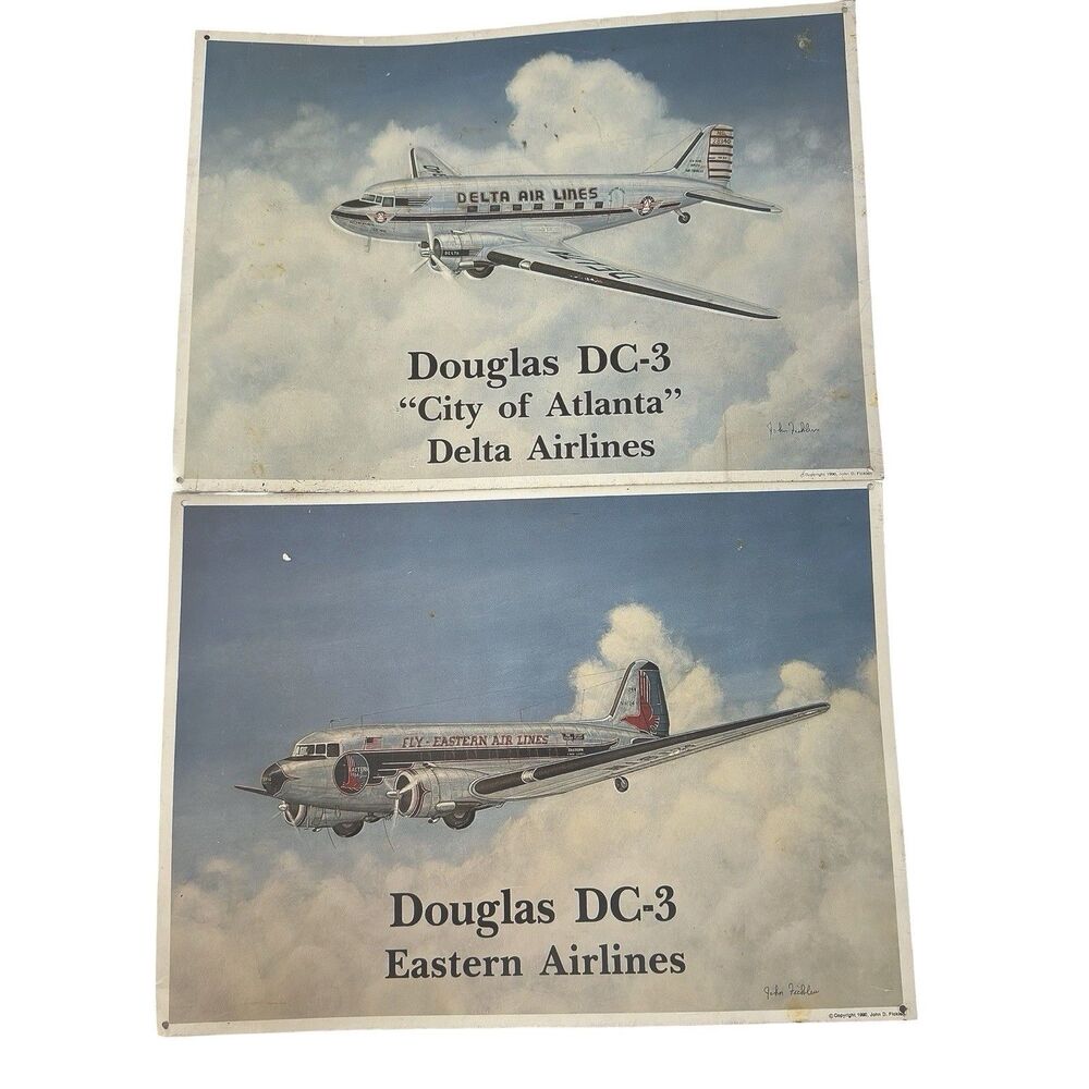 2 Vintage Douglas DC-3 Delta Eastern Airlines Metal Sign Set John Ficklen 1990